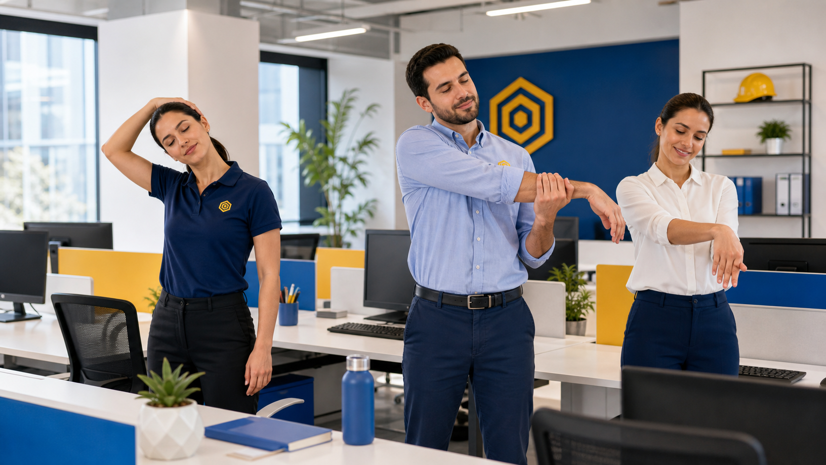 Colaboradores realizando pausas activas guiadas en oficina